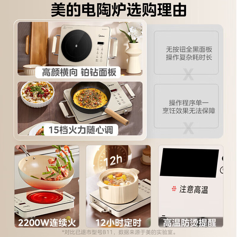 美的(Midea)电陶炉煮茶电磁炉电磁灶2200W功率智能双环火锅炒菜用火锅电池炉围炉煮茶炉 MC-HW22E05高清大图
