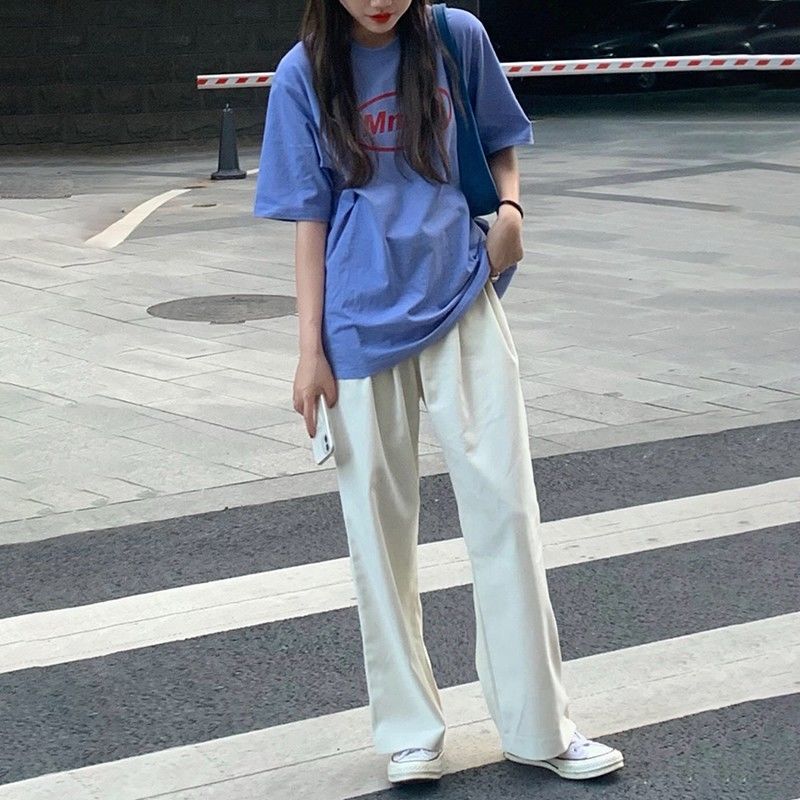 韩版百搭阔腿裤女高腰垂感宽松直筒裤显瘦学生休闲裤子夏季新款潮 蓝色-[主图同款上衣] S