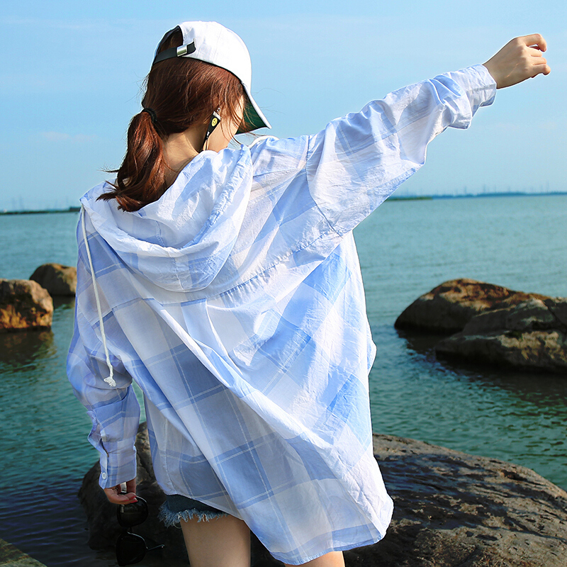 2018夏季新款防晒衣女韩版防晒服中长款开衫格子衬衫百搭薄外套潮