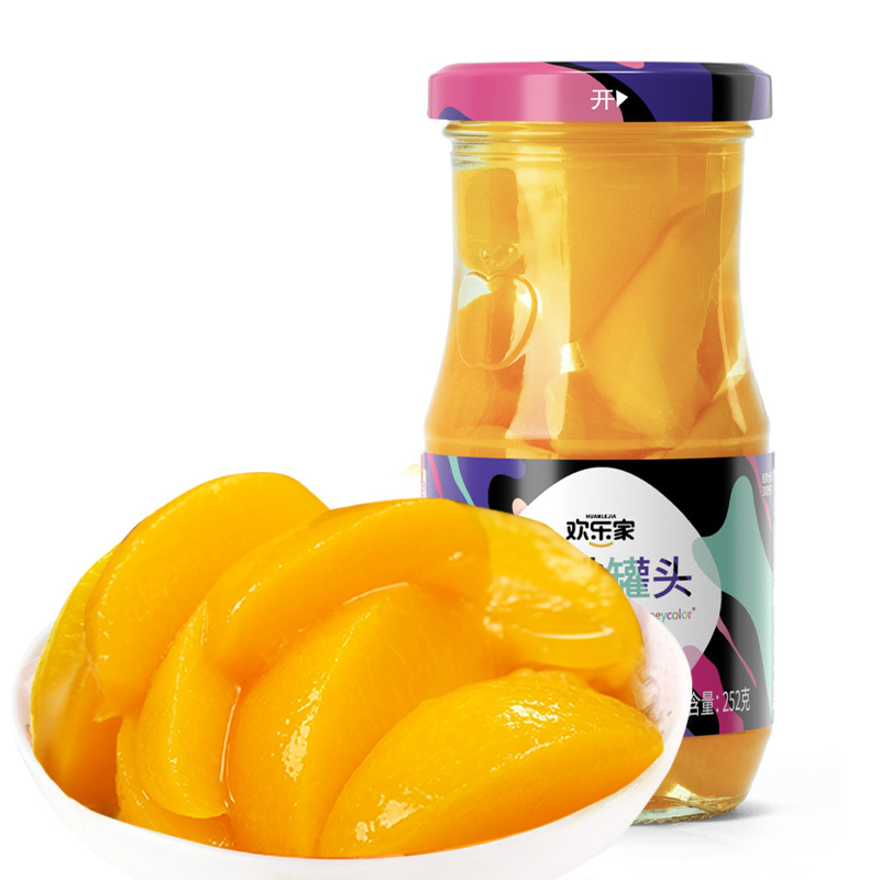 欢乐家糖水黄桃罐头252g*6罐 玻璃瓶装 新鲜黄桃水果罐头 休闲零食 方便速食 正品整箱