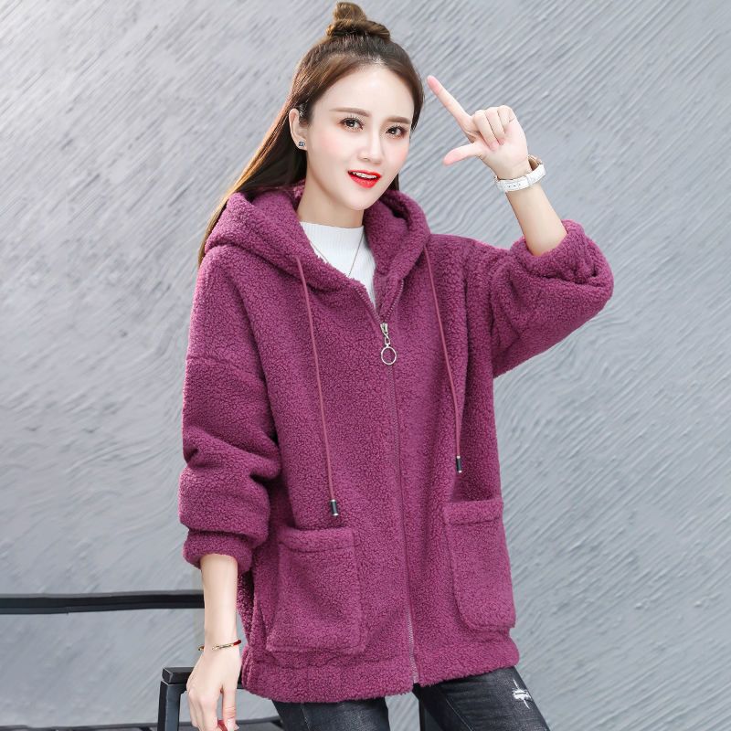 羊羔绒卫衣外套女大码色2021年新款春季连帽宽松韩版拉链开衫潮