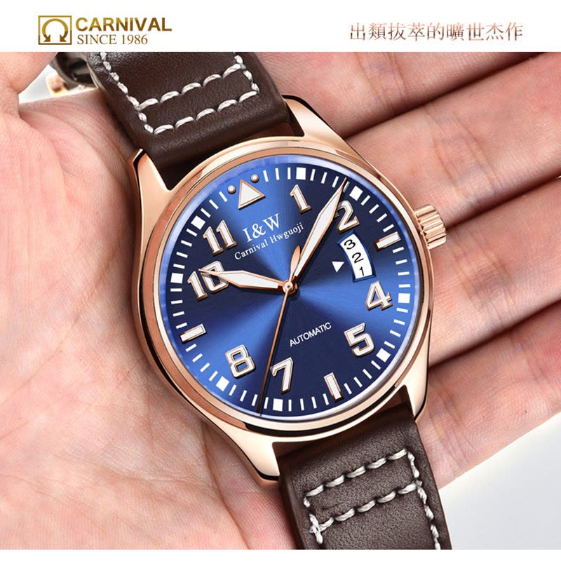 瑞士嘉年华Carnival手表男士全自动机械表 男士真皮带休闲时尚潮流简约防水男表大三针强劲夜光皮带腕表ms-8777c图片