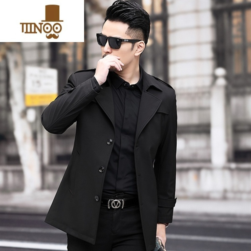 yanxu风衣短款男士翻领商务休闲单排扣大衣英伦风中青年装夹克外套