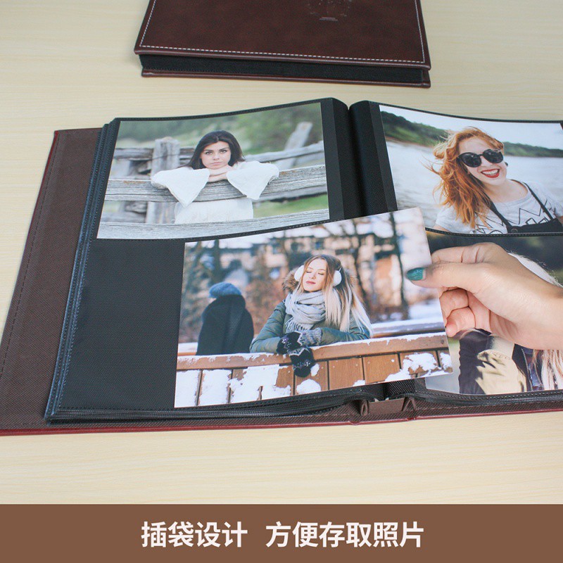 三维工匠厂家直销PU皮八寸相册100张200张相簿插页式复古礼品收纳影集A5照 三 拼接纹红色-8寸/100张 50页/高清大图