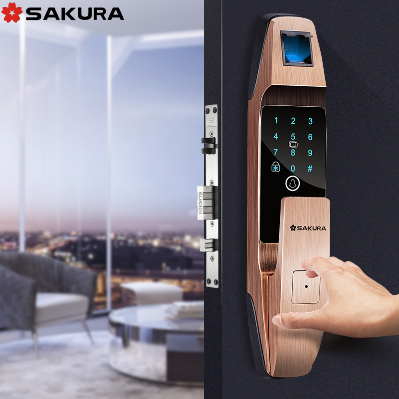 樱花(SAKURA)全自动智能指纹锁推拉款指纹锁家用防盗门密码锁APP远程开锁带门铃电子锁H1---(1号锁体带APP)