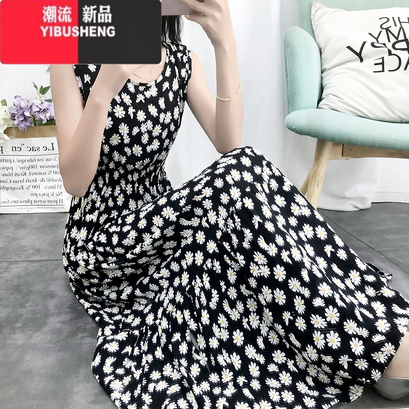 YIBUSHENG小雏菊人造棉绸连衣裙女时尚外穿季新款收腰沙滩波西米亚裙子潮高清大图