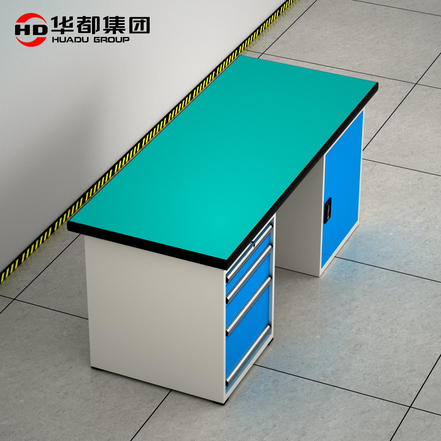 华都HDGJ-129 白蓝单门四抽柜2.1米重型工作台华都重型工作台操作台维修工具桌钳工办公桌五金配件桌防静电车间工厂高清大图