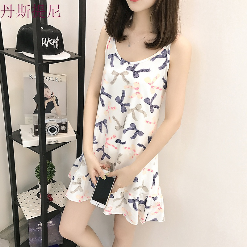 韩版带睡裙女夏冰丝清新学生中裙子可爱甜美公主居家服少女睡衣