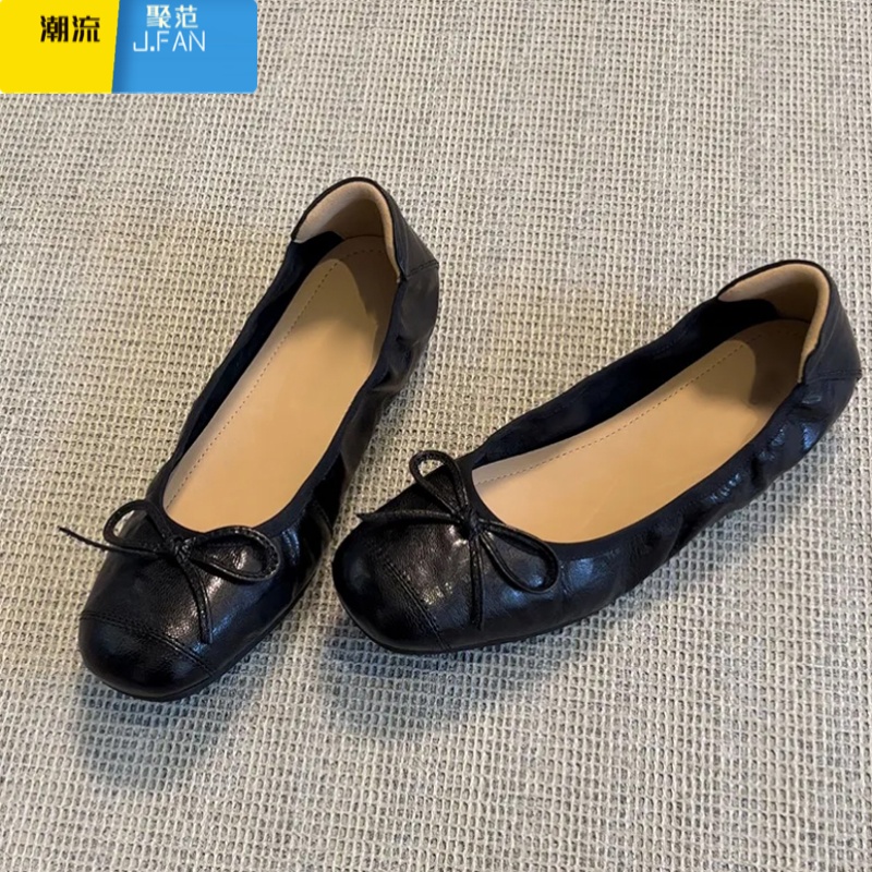 聚范皮版~法式蝴蝶结芭蕾鞋女2024新款圆头浅口平底单鞋奶奶鞋 黑色 39