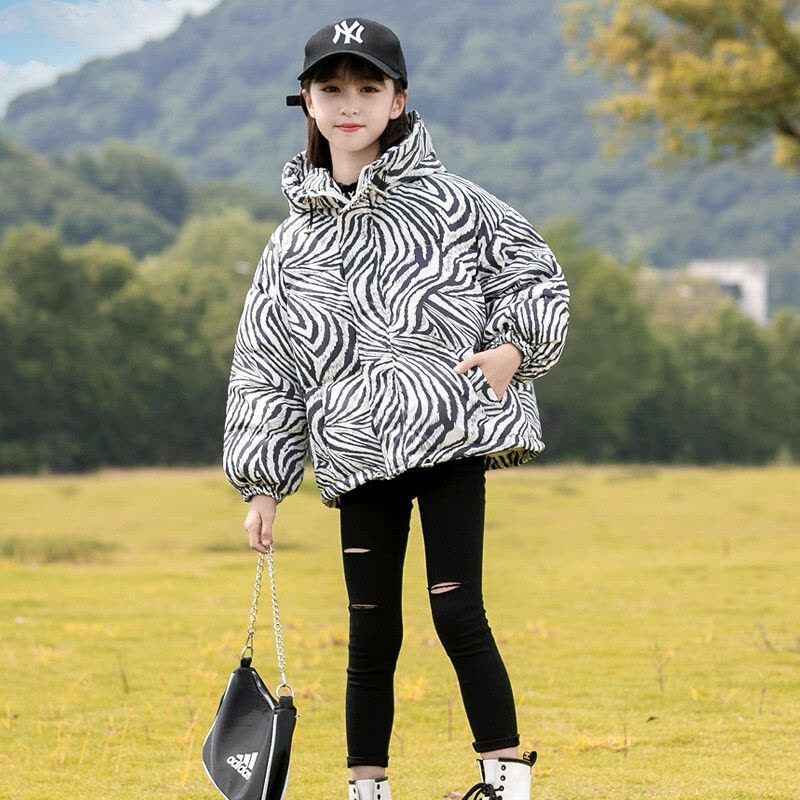 MinanSer童装女童羽绒服冬装2021年冬季新款儿童加厚中大童时髦网红斑马纹白鸭绒连帽外套3-10岁潮冬季新品图片