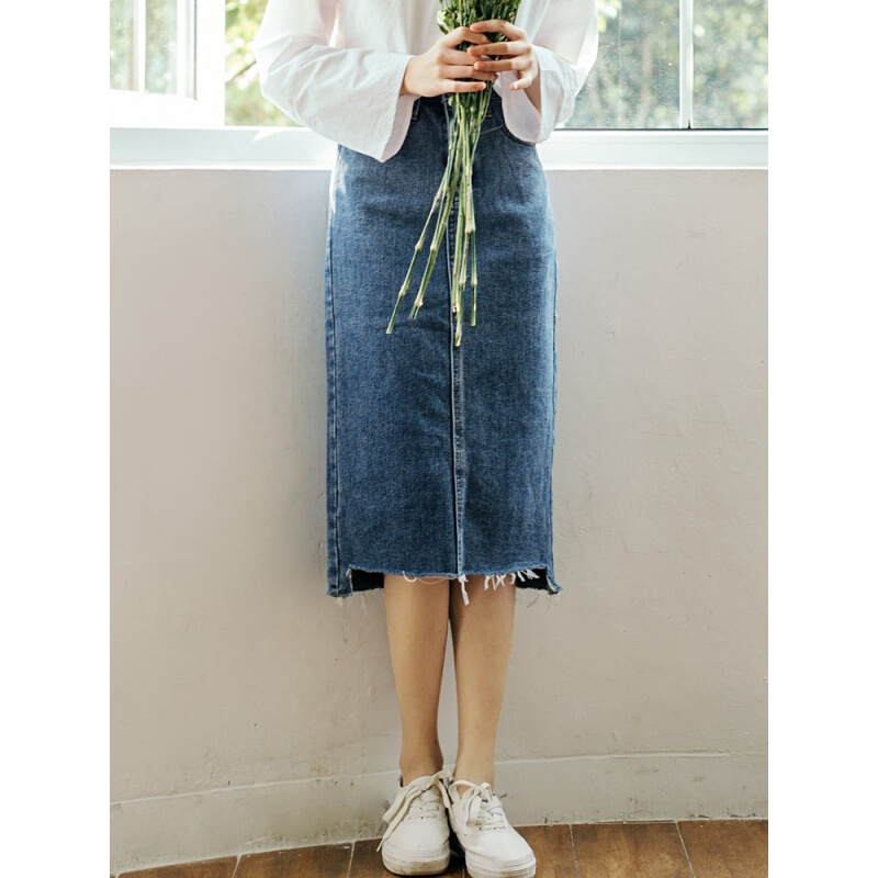 牛仔裙半身裙女2018春秋新款韩版学生中长款裙子包臀裙高腰毛边蓝色