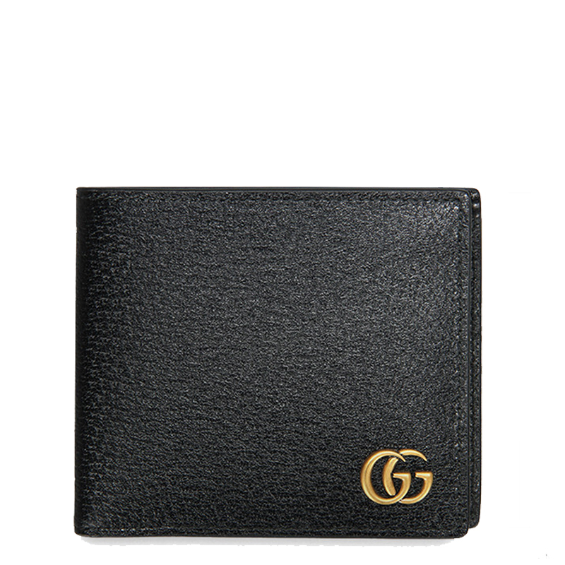 [自营]GUCCI古驰黑色牛皮双G金属装饰双折短款钱夹男士钱包 黑色