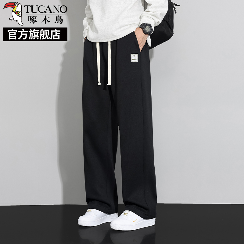 啄木鸟男士休闲裤子夏季薄款2025新款宽松直筒黑色冰丝运动卫0休高清大图