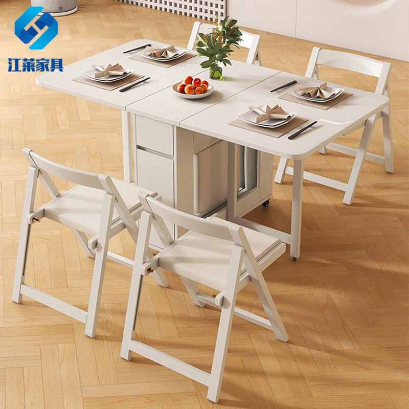 江莱小户型折叠餐桌可移动实木长方形伸缩桌子 1.3米桌+4把软包椅高清大图