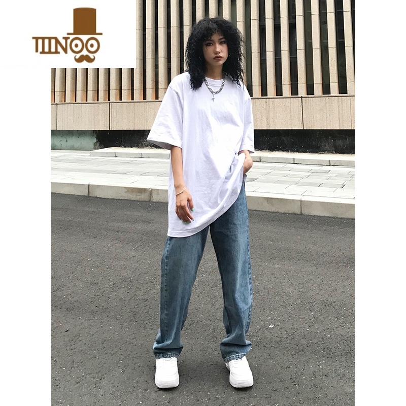 YANXU美式高街复古蓝直筒牛仔裤男潮牌宽松垂感阔腿拖地休闲长裤腿高清大图