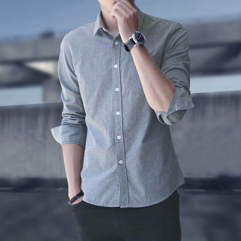 新款格子牛津布男士秋季长袖衬衫修身韩版学生休闲男装中青年衬衣