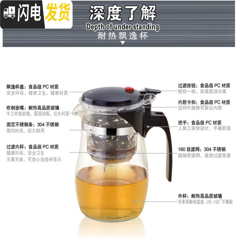 三维工匠重压过滤飘逸杯耐热玻璃泡茶器可拆洗泡茶壶花茶茶具茶道玲珑水杯 重压750斜锥配6个35杯