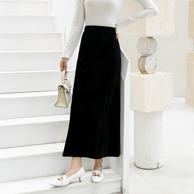 春秋季新款复古金丝绒a字半身长裙显瘦一步裙包臀裙不开叉黑色女黑色