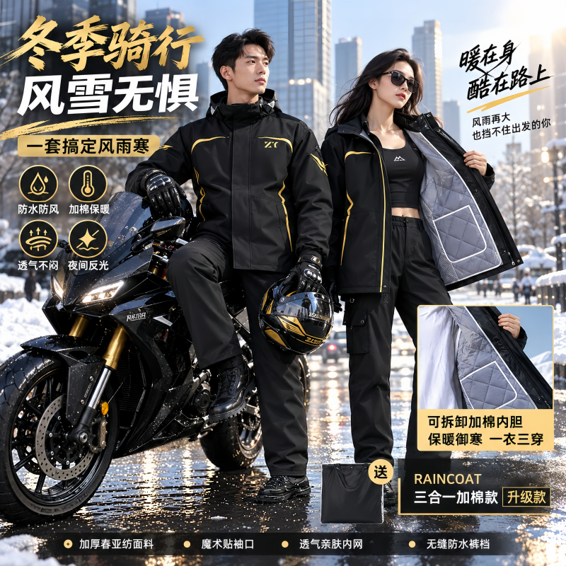 正雨冬季摩托车骑行防寒服加厚防风保暖套装雨衣外卖骑手防暴雨9063高清大图