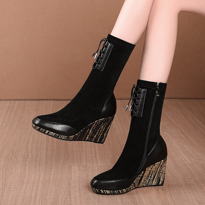 高跟侧拉链时装靴女秋冬新款欧美风舒适百搭定制大码靴子女弹力靴女靴
