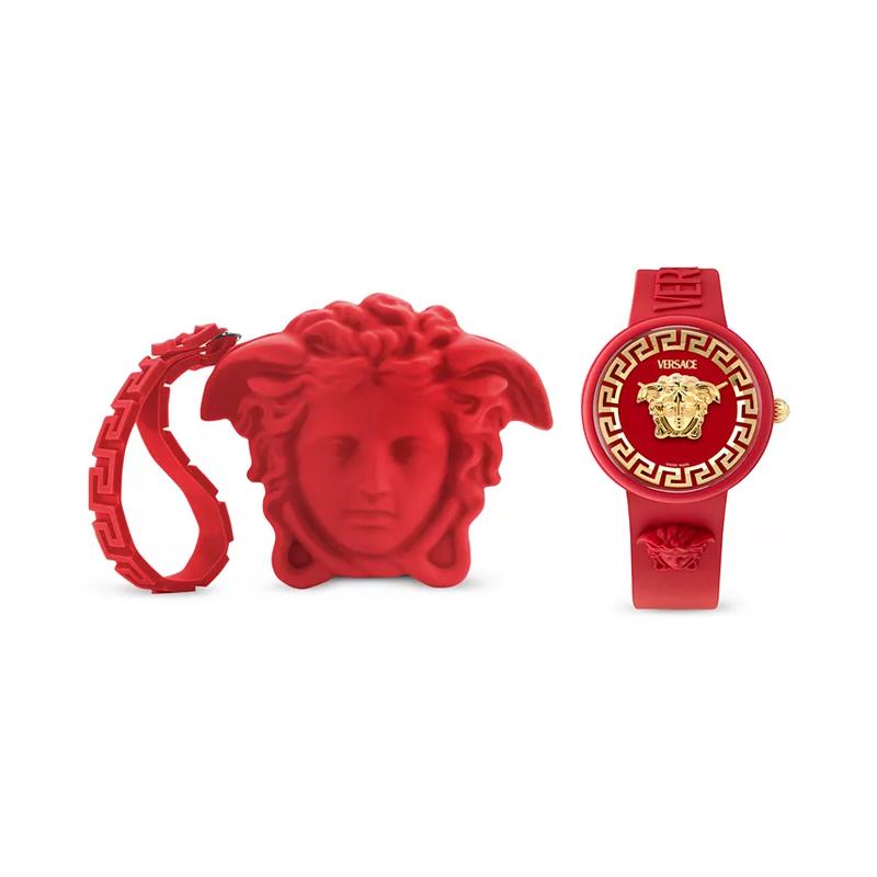 范思哲(Versace)女士石英表红色硅胶表带39mm瑞士石英机芯防水矿物玻璃 Red