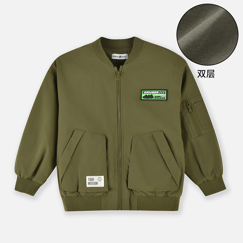 铅笔俱乐部2024秋冬新款男童外套中大童双层棒球服儿童飞机服夹克 150cm 军绿