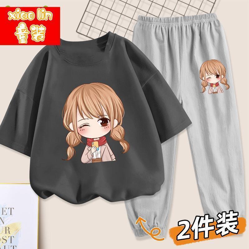 女童套装夏季薄款宽松短袖防蚊裤两件套儿童夏装洋气童装女 迷人碳灰+迷人灰裤 120