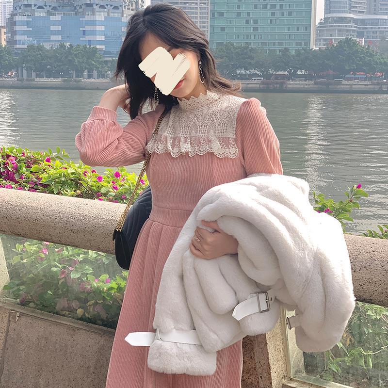 少女甜美蕾丝拼接连衣裙温柔气质百搭甜美灯芯绒春秋打底裙中长裙
