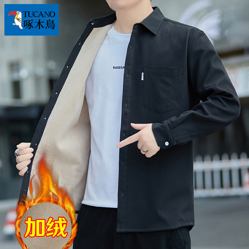 啄木鸟长袖衬衫男士加绒厚秋冬季纯棉休闲上衣新款宽松衬衣外套休高清大图