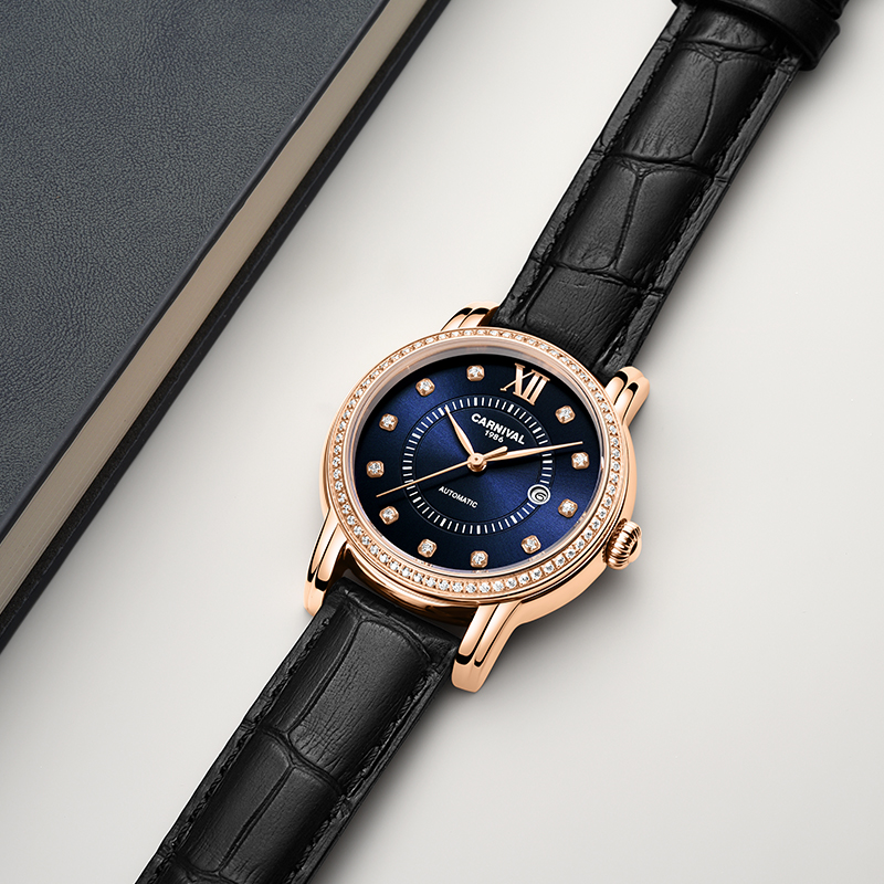 正品嘉年华Carnival瑞士品牌手表新款防水带日历全自动机械表 女士女表镶钻时尚气质简约腕表8062L高清大图