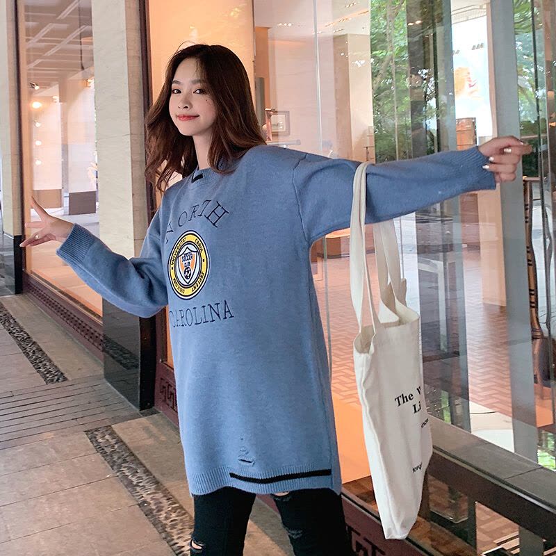 迪鲁奥(DILUAO)孕妇装秋装女套头新款秋季宽松毛线衣 蓝色 均码[适合约90-160斤]图片