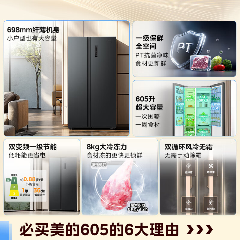 [政府补贴]美的605升双开门一级净味风冷无霜双变频大容精细分储冰箱 BCD-605WKPZM(E) 苏宁自营以旧换新高清大图