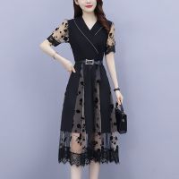 连衣裙2021新夏遮肚大码女装法式减龄V领短袖网纱拼接绣花小黑裙 图片色[收藏店铺送腰带] L [建议100-115斤]