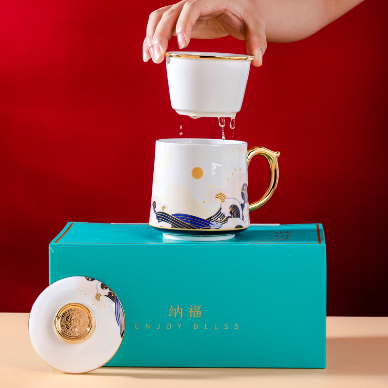 景德镇陶瓷国潮经典自带茶漏大容量办公茶杯四海