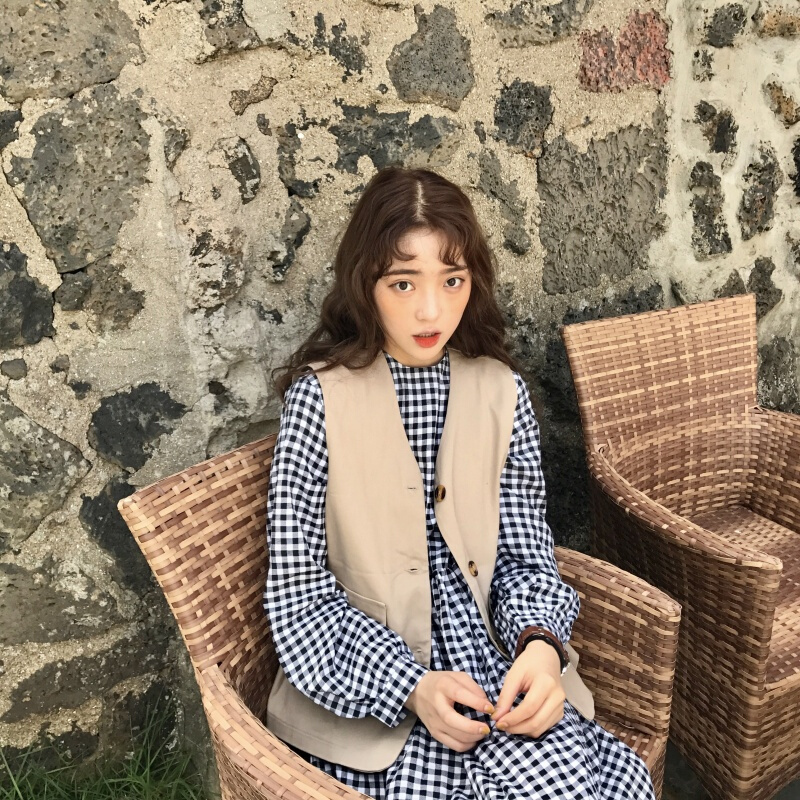 春装女装韩版中长款宽松显瘦长袖格子连衣裙学生长裙+马甲背心潮格子裙单件均码