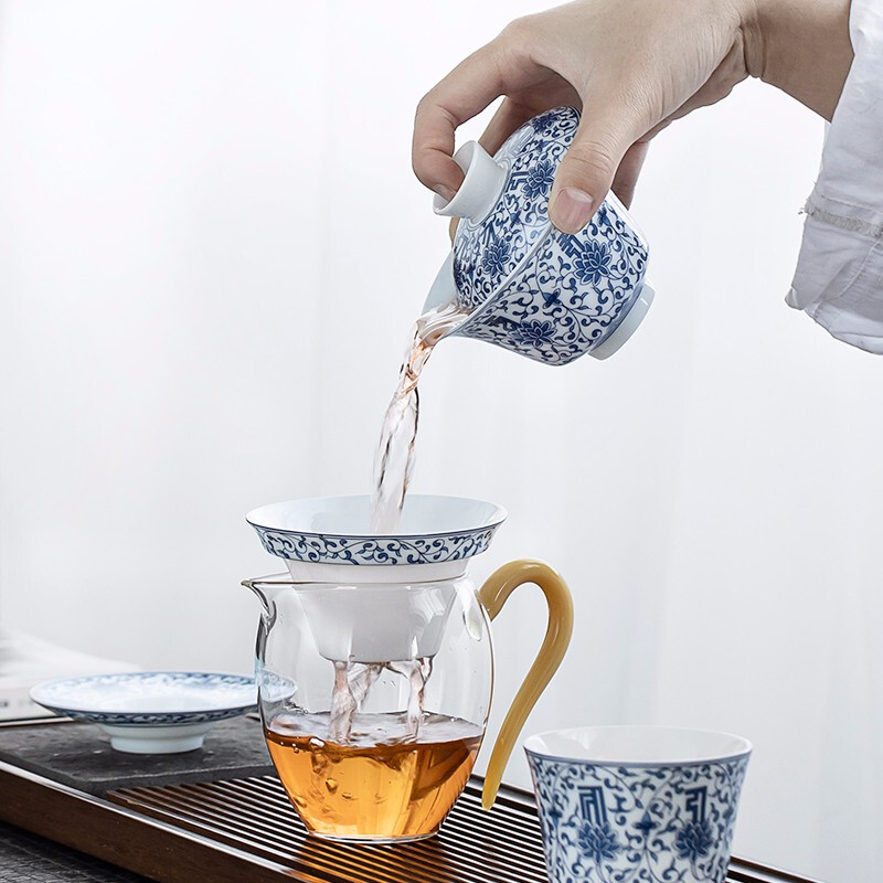 金镶玉 青花初夏套装 茶具套装 德化羊脂玉白瓷青花瓷盖碗茶杯家用办公室礼盒装高清大图