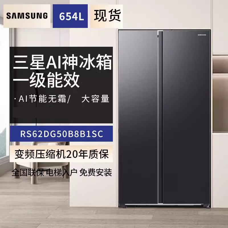三星 RS62DG50B8S9SC冰箱654升 双开门一级能效 AI节能 家用无霜对开门冰箱 月光银