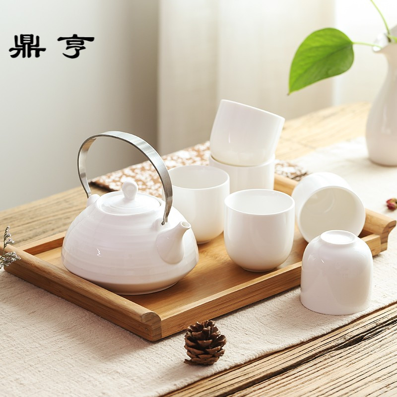 鼎亨简约北欧陶瓷茶具套装现代客厅杯子6只装家用茶壶竹盘冷水壶