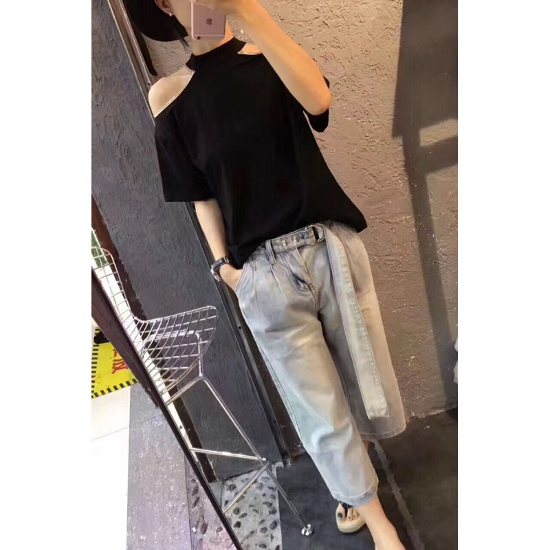 夏装女2018新款欧货女装时髦短袖漏肩上衣纯棉T恤打底衫潮