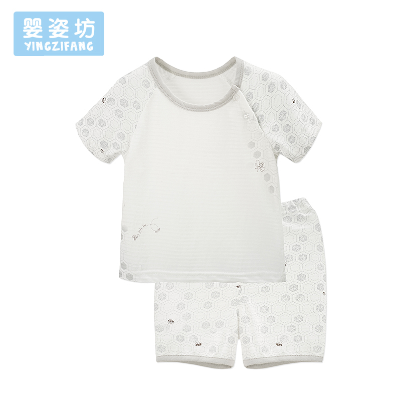 婴姿坊夏装男童短袖圆领肩开扣两件套