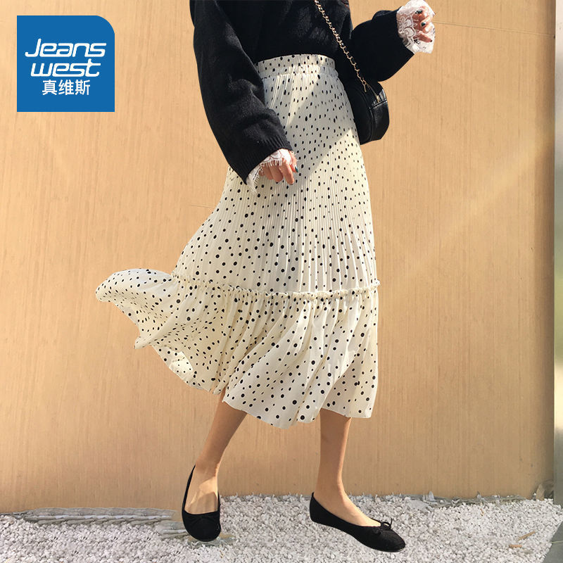 真维斯白色波点半身长裙甜美小众洋气高级韩版显高垂感百褶裙a字