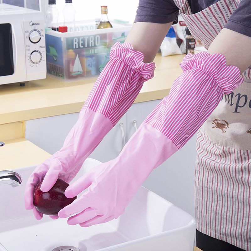 厨房洗碗手套加絨加厚防水清洁家务手套女洗衣服薄款橡胶胶皮手套|炫彩莲花边-[加绒款] S码(1双)