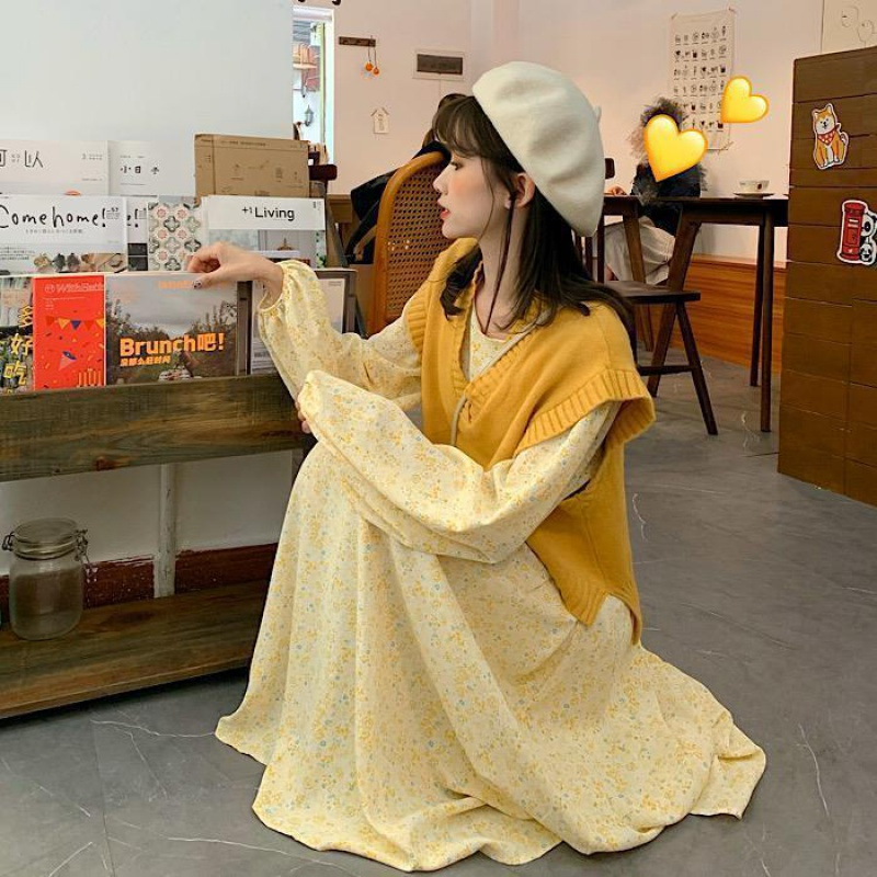 两件套装/单件休闲风2021春季新款马甲宽松背心碎花马甲连衣裙串得起