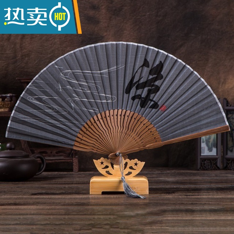 XIANCAI儿童扇子复古风男童亚麻扇 宝宝汉服中国风禅意扇子 折扇演出扇子 灰色 凉