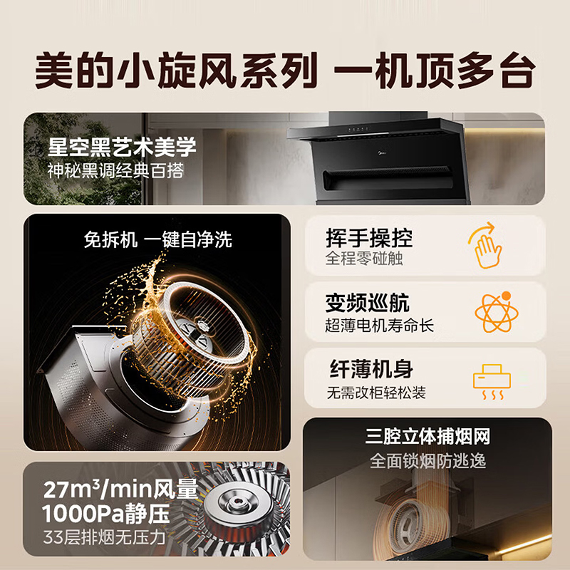 美的小旋风系列美的顶侧双吸27大吸力1000Pa油烟机变频电机增压自净洗油烟机L8高清大图