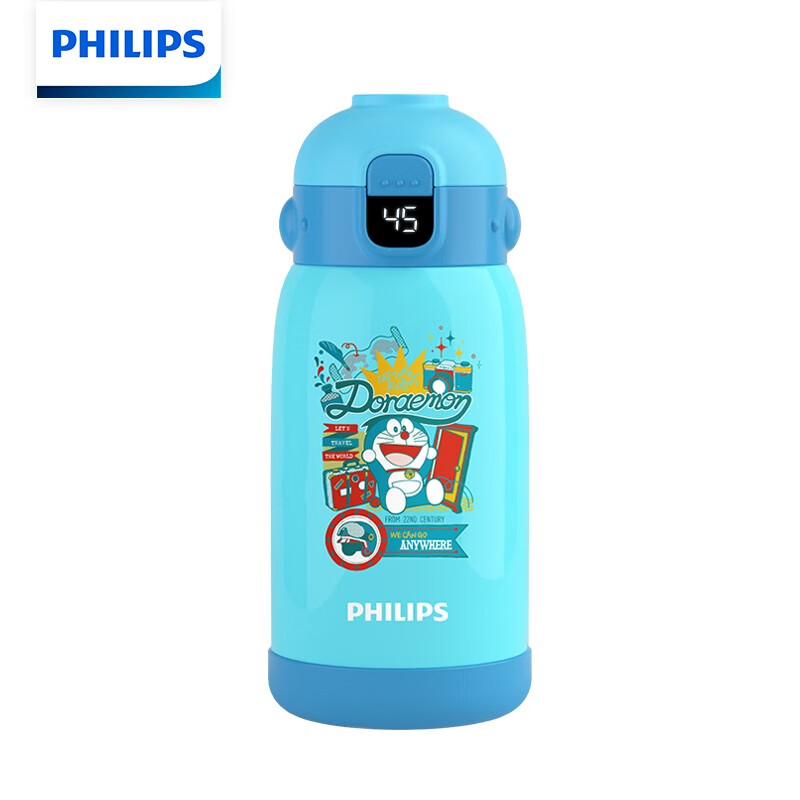 飞利浦(PHILIPS) 保温杯316不锈钢内胆儿童带杯套便携弹盖吸管温度不锈钢保温杯 双盖黄色 哆啦A梦双盖蓝色