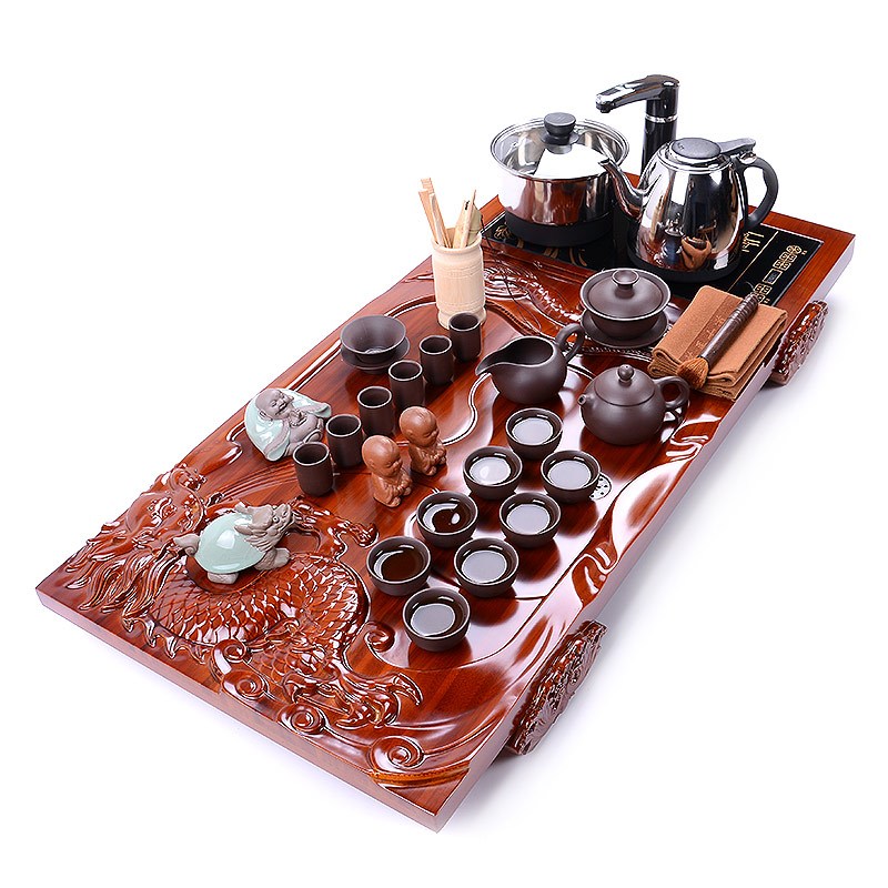 尚帝(shangdi)整板雕刻竹木茶盘整套功夫茶具原矿紫砂茶具茶盘套装四合一电热炉自动加水 红龙圣龙乌紫砂19头