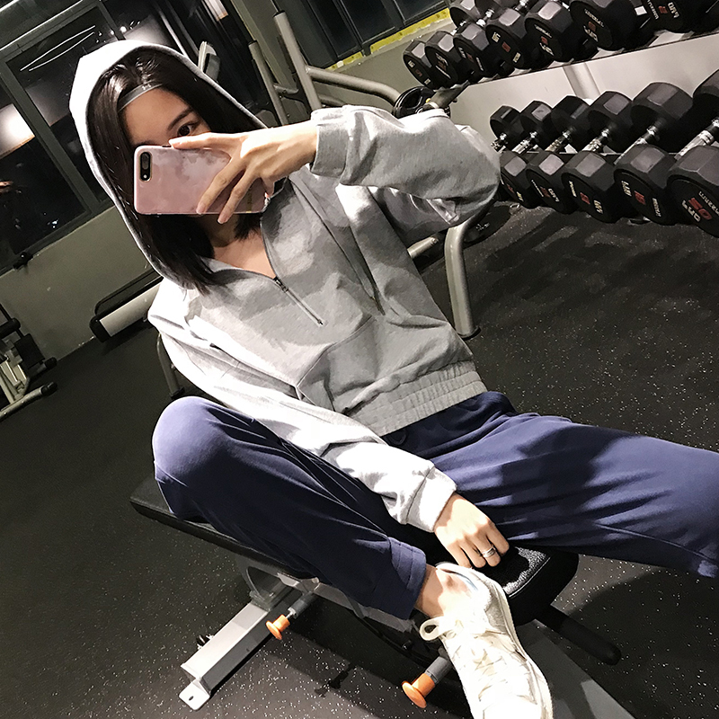 运动上衣女速干长袖宽松瑜伽健身服外套连帽卫衣跑步罩衫