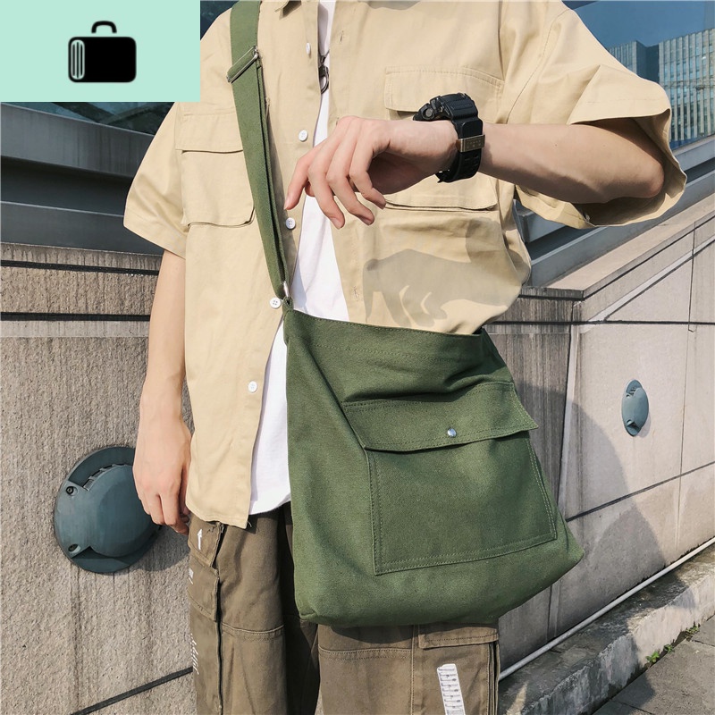 简约帆布斜挎包原宿单肩包纯色百搭男女学生书包休闲电脑包黑色潮NEW LAKE男士斜挎包高清大图