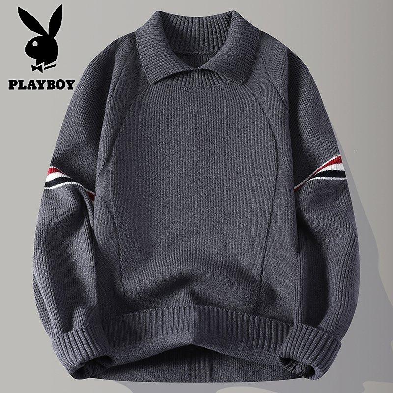 花花公子新款高品质【新款】2025年秋冬款翻领针织毛衣男 灰色 175